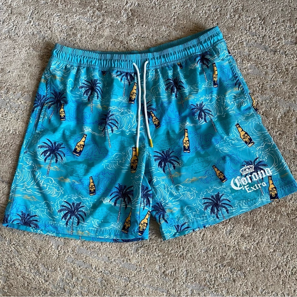 Corona Swim Shorts Swimming Board Shorts Palm Trees Beer Lined Blue: 2XL 44/46